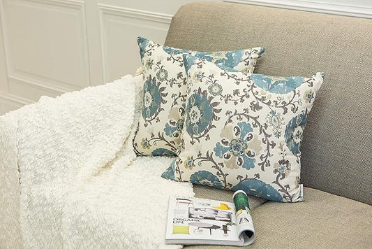 Mika Home Pack of 2 Jacquard Circle Floral Throw Pillow Case Decorative Pillow Cover for 22X22 Inserts Cream Blue