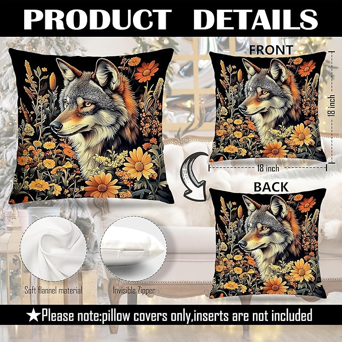William Morris Inspired-Floral Wolf Pillow Covers 18x18 Set of 2, Dark Cottagecore Decor, Moody Floral Botanical Mysterious Grey Wolf Wild Animal Decor Pillow Covers for Home Living Room Bedroom