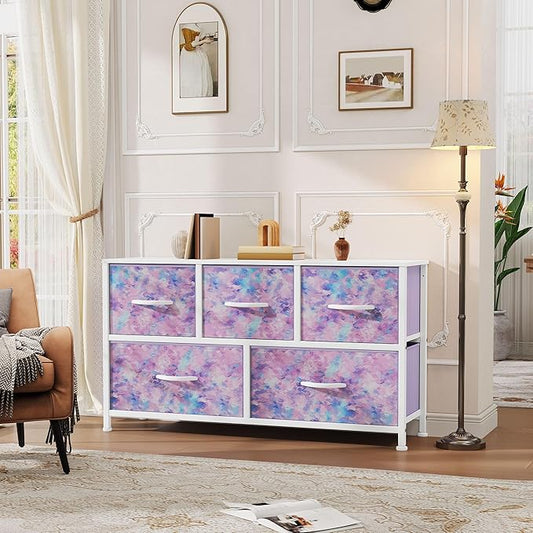 DWVO Dresser with 5 Drawers - Fabric Storage Tower, Organizer Unit for Bedroom, Living Room, Closets - Sturdy Steel Frame, Wooden Top (Purple)