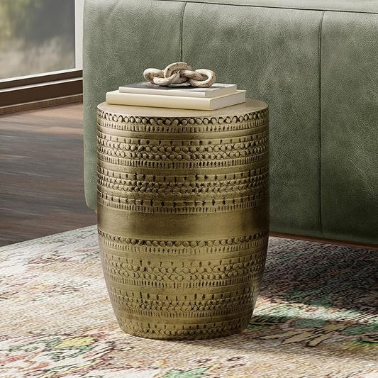SIMPLIHOME Johnsen Metal Table - 15 inch Wide Solid Iron Drum Accent Table in Antique Gold with Tribal Pattern, Round Boho End Table for Living Room, Bedroom, or Home Office, Fully Assembled