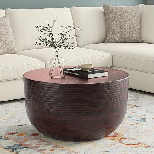 SIMPLIHOME Johnsen Metal Coffee Table - 30 inch Wide Solid Metal Round Drum Accent Table in Bronze, Boho Coffee Table for Living Room or Bedroom with Decorative Textured Design, Assembled