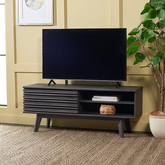 SAFAVIEH Aurelio TV Stand for up to 55" Flatscreen – Distressed Black, 1 Sliding Door with Interior Storage and Open Shelves, Entertainment Media Console (MED9600E)