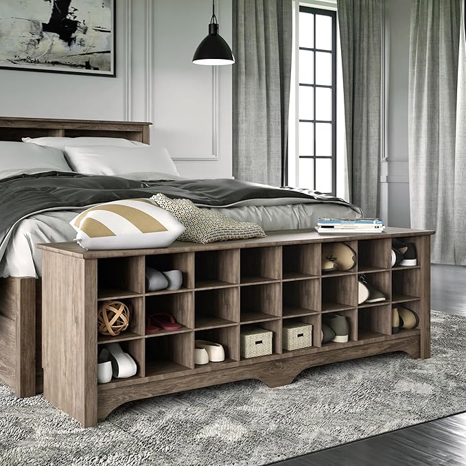 Prepac 24 Pair Shoe Cabinet, Entryway Bench, Mud Room Organization and Storage Bench with 24 Shoe Cubbies, Drifted Gray, 15.5"D x 60"W x 20.25"H