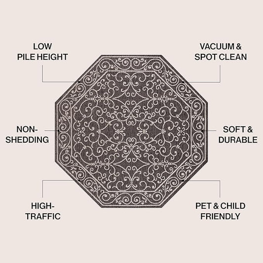 JONATHAN Y Vintage Filigree Indoor Outdoor Octagon Area Rug 8 Ft Black/Gray, Charleston Textured Weave for Backyard, Patio, Porch, Easy-Cleaning, High Traffic, Pet-Friendly Non-Shedding SMB106G-8TGN