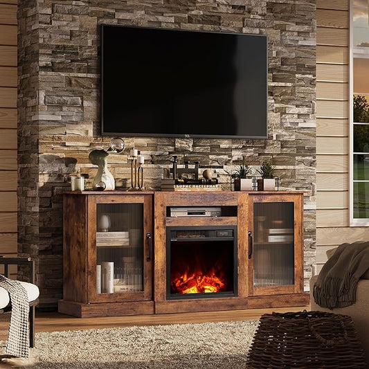 WLIVE Fireplace TV Stand for 65" TV, Entertainment Center with 3D Realistic Flame Electric Fireplace, TV Console with Open Shelves for Living Room, Rustic Brown