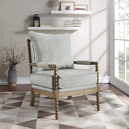 OSP Home Furnishings Fletcher Spindle Accent Chair with Rustic Brown Finish, Smoke Grey Upholstery