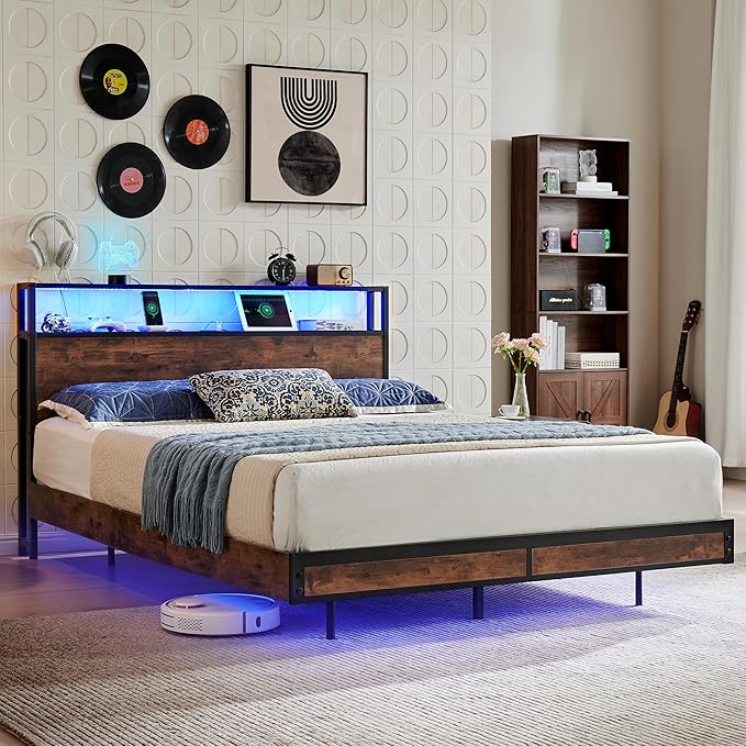 BedsPick Queen Bed Frame with 2-Tier Storage Headboard, Metal Platform Queen Size Bed Frame with Smart LED Lights & USB Charging Station, Noise-Free/Metal Support/No Box Spring Needed, Brown