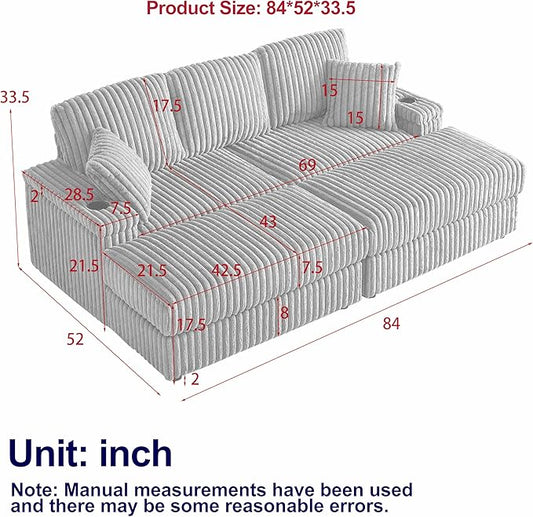Corduroy Upholstered Modular Sectional Sofa Cloud Couch with Movable Ottoman, 84" Oversized Loveseat Convertible Sleeper Sofabed with 3 Cushion Backrest and Throw Pillows