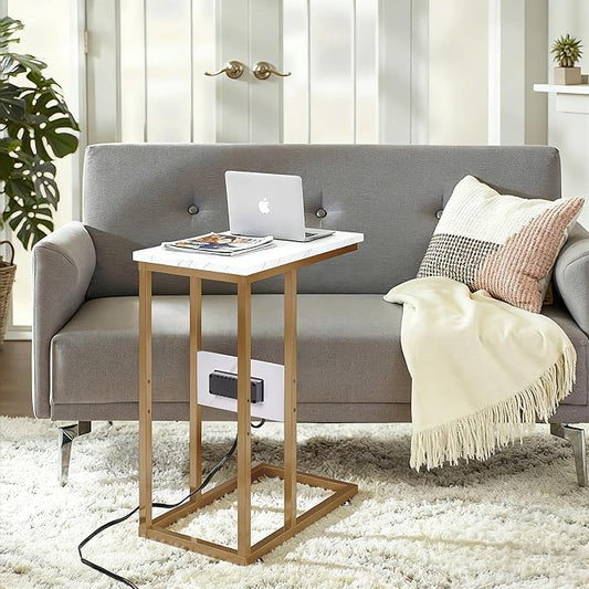 VECELO C-Shaped End Side Table with Charging Station & 2 USB Ports and Outlets for Living Room, Bedroom, with Adjustable Feet for Couch Sofa, Bedside, Small Spaces, Gold