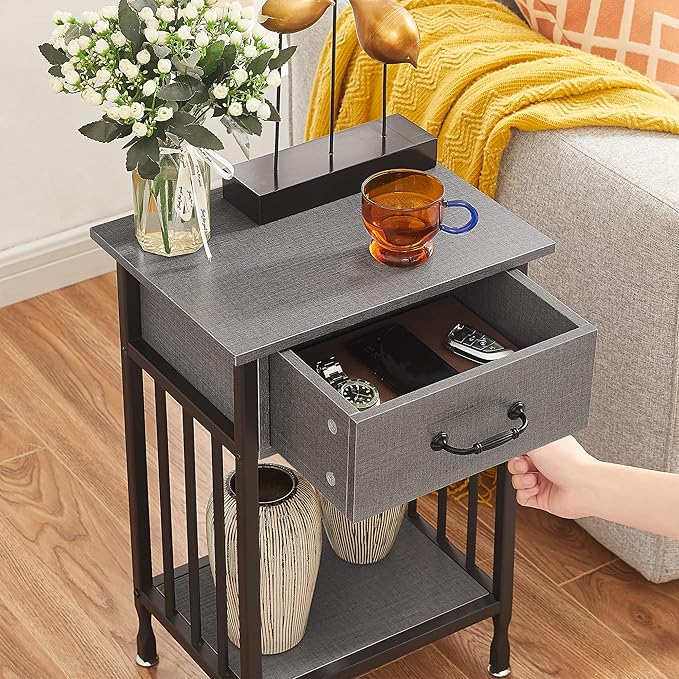 VECELO Nightstands, Industrial Side/End Tables with Drawer and Storage Shelf, Night Stands for Bedroom, Living Room, Wood Metal Furniture, Easy Assembly