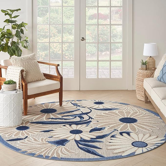 Nourison Home Aloha Blue Grey 7'10" x Round Area Rug - Easy Clean, Non Shedding, Bed Room, Living Room, Dining Room, Kitchen (8' x Round)