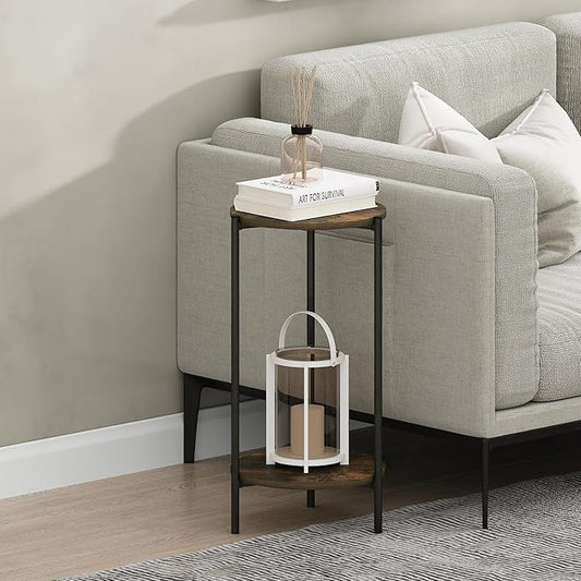 Furinno BESI Side Table, 2-Tier Tall Round Narrow End Table with Metal Legs, Metal Frame Night Stand, Bedside Table with Open Shelf, Easy Assembly, for Living Room, Bedroom, Amber Pine
