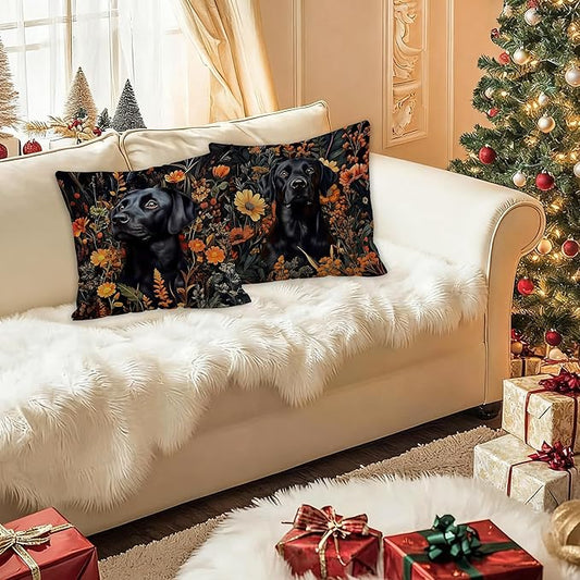 William Morris Inspired-Floral Black Labrador Pillow Covers 18x18 Set of 2, Black Lab Gifts for Women,Cottagecore Botanical Elegant Lab Dog Decorative Pillow Covers for Home Living Room Bedroom