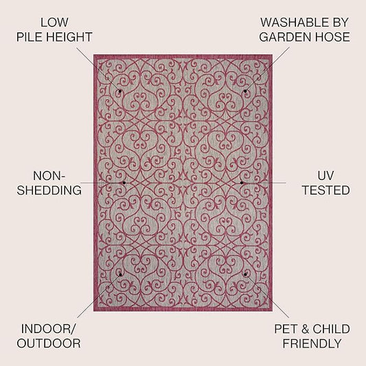 JONATHAN Y Vintage Filigree Indoor Outdoor Area Rug 3X5 Light Gray/Fuchsia, Madrid Textured Weave for Backyard, Patio, Porch, Easy-Cleaning, High Traffic, Pet-Friendly, Non-Shedding (SMB107I-3)