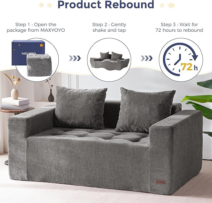 MAXYOYO Modular Sofa Couch, 61" Loveseat Boneless Cloud Couch with Deep Seat, Chenille Upholstered Living Room Sleeper Sofa Chair for Living Room, No Assembly Required, Light Grey