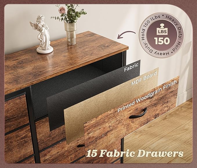 PRAISUN 63 Inch Long Dresser TV Stand for 65, 70 Inch TV, 15 Drawer Dresser for Closet, Bedroom, Large Fabric Drawers, Entryway Hallway Chest of Drawers, Wooden Top, Media Console, Rustic Brown