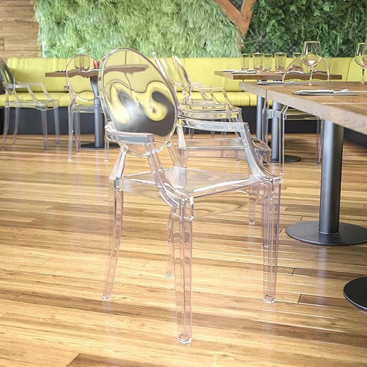 Flash Furniture Indoor/Outdoor Ghost Accent and Dining Chair with Curved Arms and Contoured Seat, Stackable Restaurant Chair, Transparent Crystal