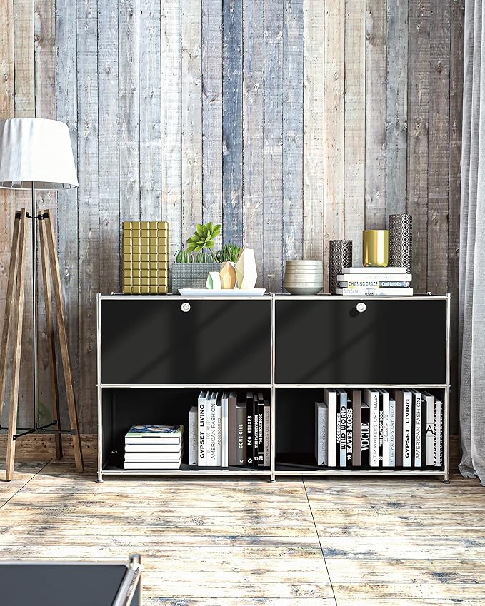 Metal Sideboard with 2 Flap Doors, DIY Modern Home Furnishing,Perfect for Home, Office, Kitchen, Hallway,Foyer Organization(Black)