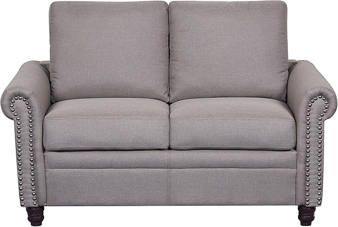 Container Furniture Direct Dove Linen Upholstered Modern Loveseat with Nailhead Trim, Light Brown