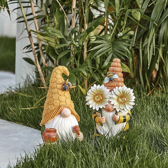 LA Jolie Muse 11.7'' Solar Gnomes Garden Statues-Resin Bee Gnomes Figurine Sunflower Decor with Solar LED Lights for Outdoor Gnomes Decorations for Yard Patio Lawn Porch, Garden Gifts for Mom