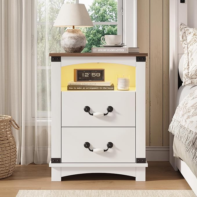 Maupvit Farmhouse Nightstands Set of 2 with Charging Station & Ceramic Handle, Wood Night Stand with 2 Storage Drawers, LED End Tables Living Room, Bedside Table for Bedroom, Antique White