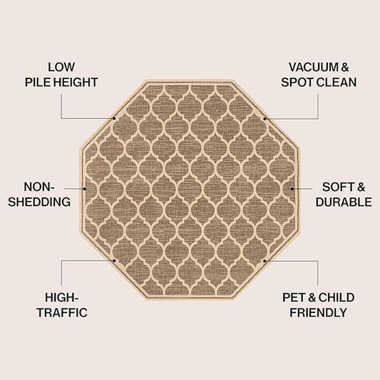 JONATHAN Y Moroccan Trellis Indoor Outdoor Octagon Area Rug 8 Ft Brown/Beige, Trebol Textured Weave for Backyard, Patio, Porch, Easy-Cleaning, High Traffic, Pet-Friendly, Non-Shedding (SMB109A-8TGN)
