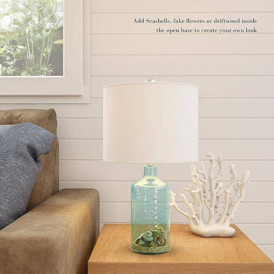 Table Lamp - Clear Glass Lamp with Open Base, LED Bulb, and Shade - Decorative Lighting for Coastal, Nautical, or Cottage Decor by Lavish Home (Blue)