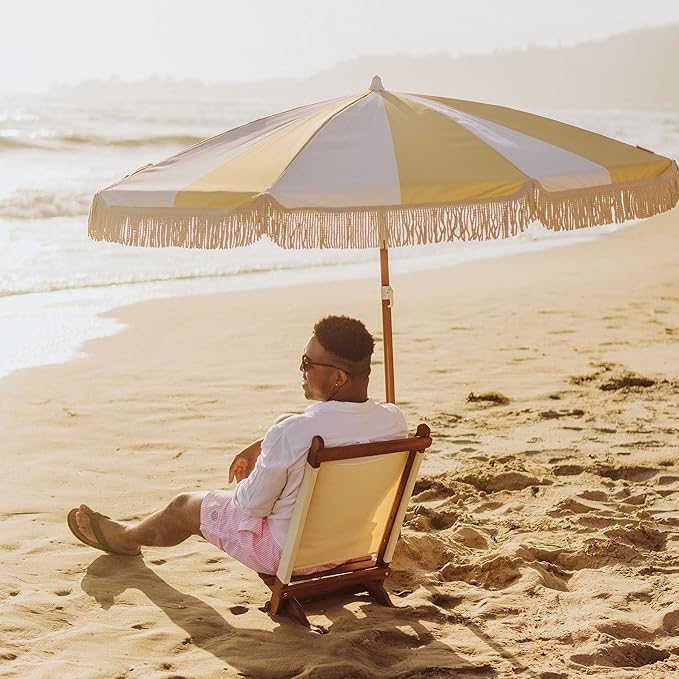 BEACH STATE Summerland 6.5 Feet Beach Umbrella with Fringe - Patio Umbrella - Outdoor Umbrella - UV50+ Sun Protection
