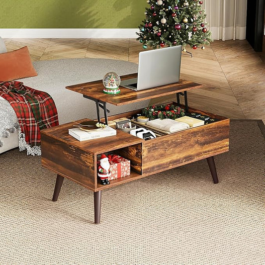 WLIVE Coffee Table for Living Room, Lift Top Coffee Table with Storage, Small Rising Wooden Dining Center Table with Storage Shelf & Hidden Compartment, 39" Rustic Brown