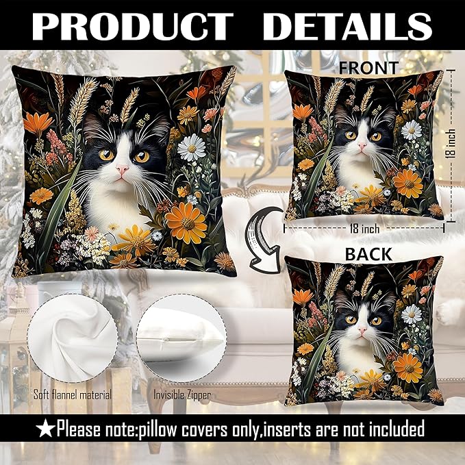 William Morris Inspired-Vintage Dark Floral Tuxedo Cat Pillow Covers 18x18 Set of 2, Tuxedo Cat Gifts, Cottagecore Botanical Kitty Kitten Decorative Pillow Covers for Home Living Room Bedroom