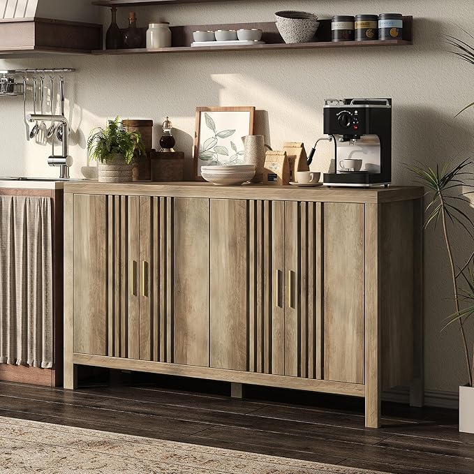 Sideboard Buffet Cabinet with Storage, 55" Large Kitchen Buffet Cabinets Farmhouse Storage Cabinet, Wood Coffee Bar Sideboards for Kitchen, Entryway, Living Room, Natural Oak