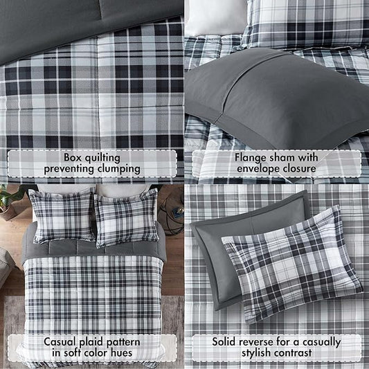 Madison Park Essentials Parkston Plaid Comforter, Matching Sham, 3M Scotchguard Stain Release Cover, Hypoallergenic All Season Bedding-Set, Full/Queen, Black, 3 Piece