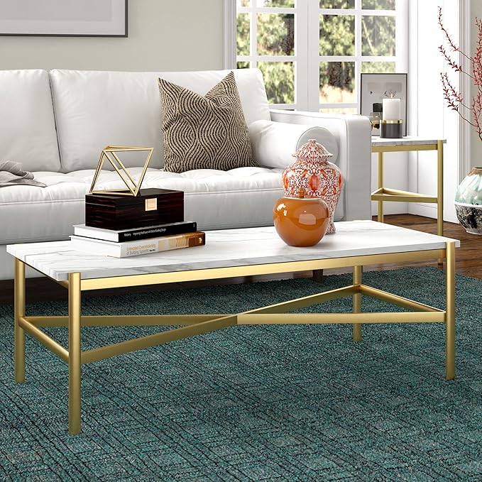 Braxton 46'' Wide Rectangular Coffee Table with Faux Marble Top in Gold