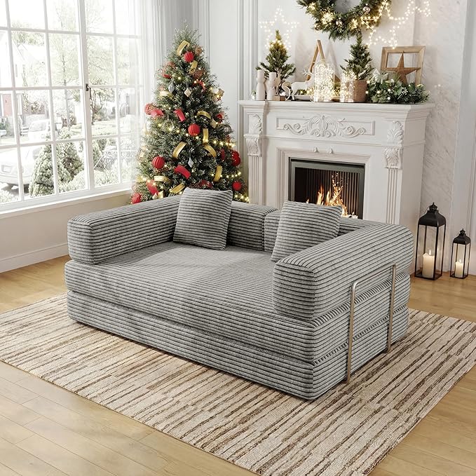 BSHOMGI 4 in 1 Futon Sofa Bed Queen Size - Foldable Convertible Sleeper Sofa Couch with L-Shaped Armrests Space Saving Floor Mattress for Bedroom & Dorm(Light Gray, 59” 2 Seat)