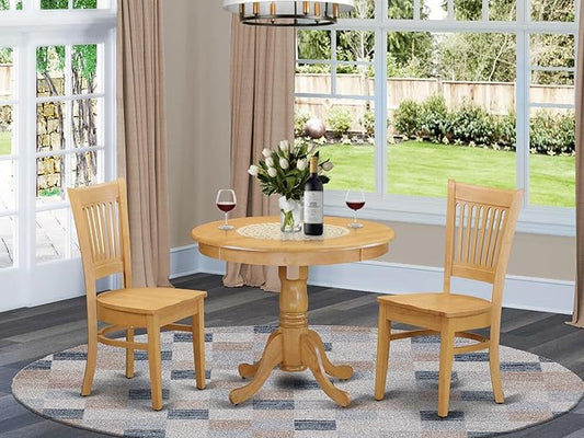 East West Furniture ANVA3-OAK-W 3 Piece Dining Table Set for Small Spaces Contains a Round Kitchen Table with Pedestal and 2 Dining Room Chairs, 36x36 Inch, Oak