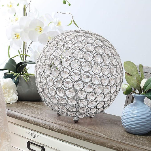Elegant Designs LT1067-CHR 10" Elipse Crystal Collection Metal Crystal Ball Sequin Table Desk Lamp for Accent Lighting, Décor, Living Room, Chrome