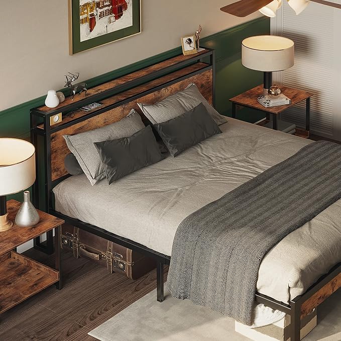 LIKIMIO Full Size Bed Frame, Platform Bed with 2-Tier Storage Headboard, Solid and Stable, Noise Free, No Box Spring Needed, Easy Assembly, Vintage Brown