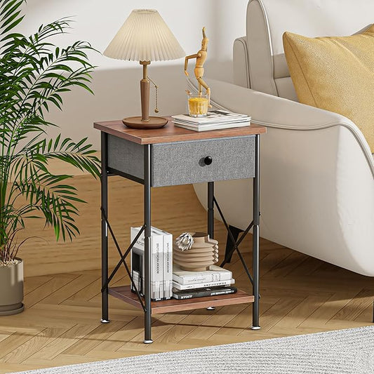 VECELO End Tables, Modern Nightstands with Fabric Drawer & Open Shelf, Side Table for Bedroom Living Room, Industrial Metal Frame, Rustic Brown,2 Pack
