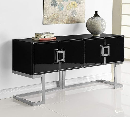 Meridian Furniture Beth Collection Modern | Contemporary Sideboard Buffet, Rich Chrome Stainless Steel Base, Black Laquer Finish, 64" W x 18" D x 31" H, Cabinet