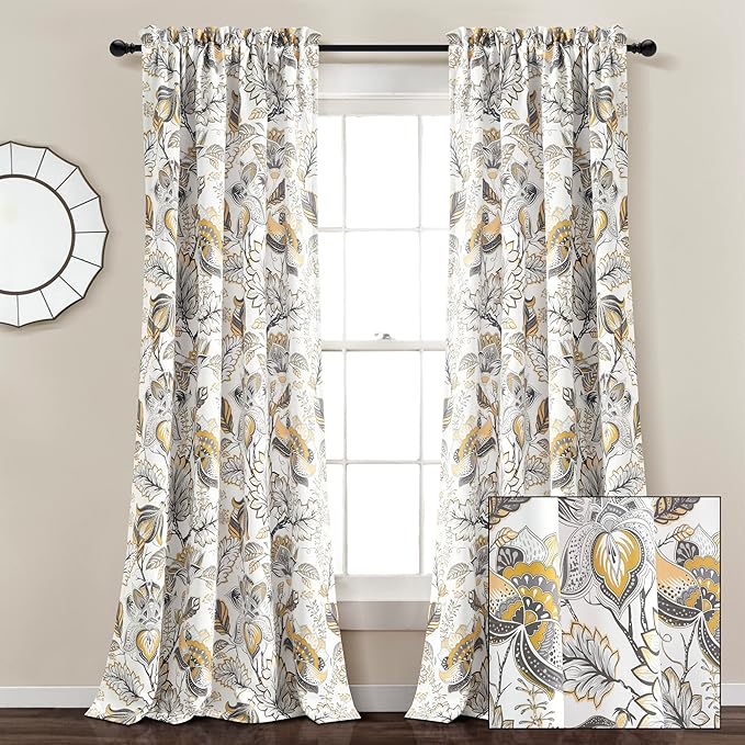 Lush Decor Cynthia Jacobean Light Filtering Window Curtain Panel Pair, 84" L x 52" W, Yellow & Gray