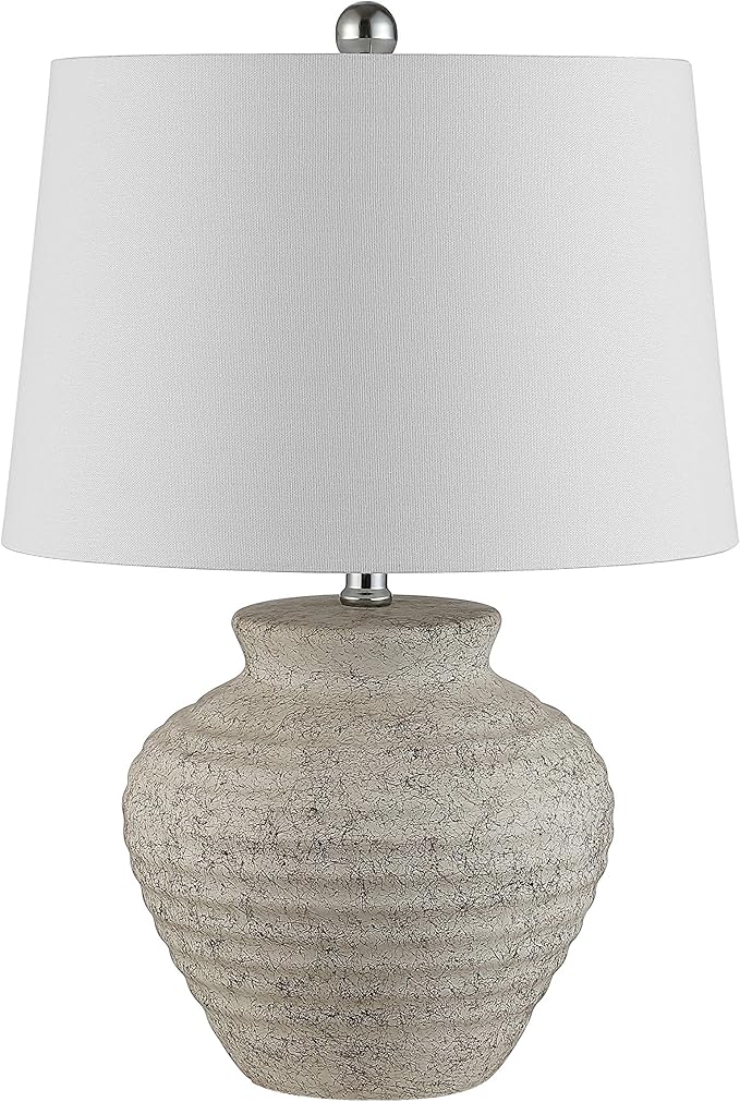 SAFAVIEH Lighting Collection – Ledger Rustic Farmhouse Light Grey Ceramic Table Lamp with White Drum Shade, 23-Inch Bedroom or Living Room Lamp, LED Bulb Included (TBL4352A)
