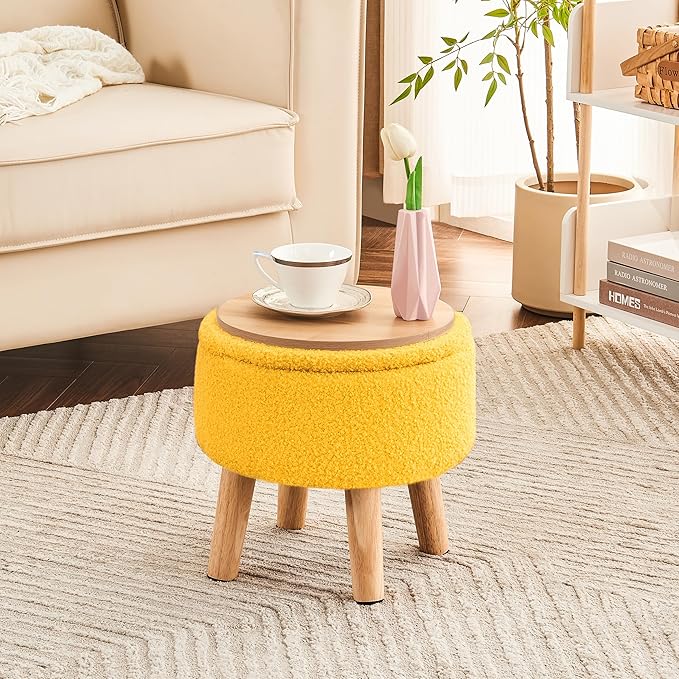 Poofzy Small Ottoman with Storage, Small Foot Stool Ottoman with Wood Legs, Sherpa Foot Rest for Couch, Living Room and Bedroom - Yellow