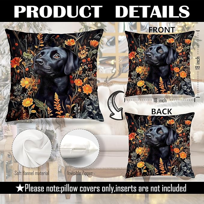 William Morris Inspired-Floral Black Labrador Pillow Covers 18x18 Set of 2, Black Lab Gifts for Women,Cottagecore Botanical Elegant Lab Dog Decorative Pillow Covers for Home Living Room Bedroom