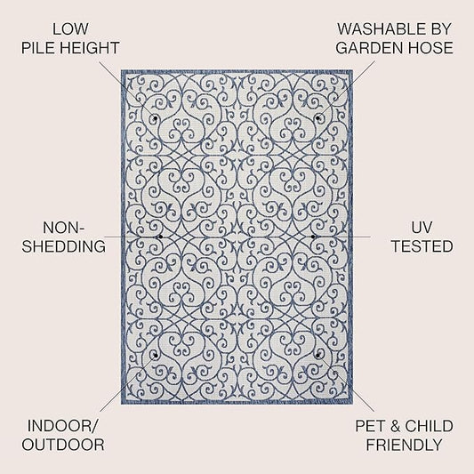 JONATHAN Y Vintage Filigree Indoor Outdoor Square Area Rug 5X5 Blue/Cream, Madrid Textured Weave for Backyard, Patio, Porch, Easy-Cleaning, High Traffic, Pet-Friendly, Non-Shedding (SMB107F-5SQ)