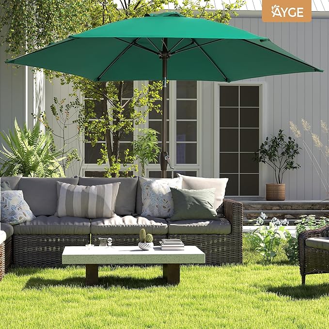 Ayge 7.5FT Large Outdoor Patio Umbrella Market Table Umbrella-UV Resistant, Easy Push Button Tilt and Crank, 6 Sturdy Fiberglass Ribs Heavy-Duty Pool Umbrella for Deck, Backyard,Garden, Yard,Green