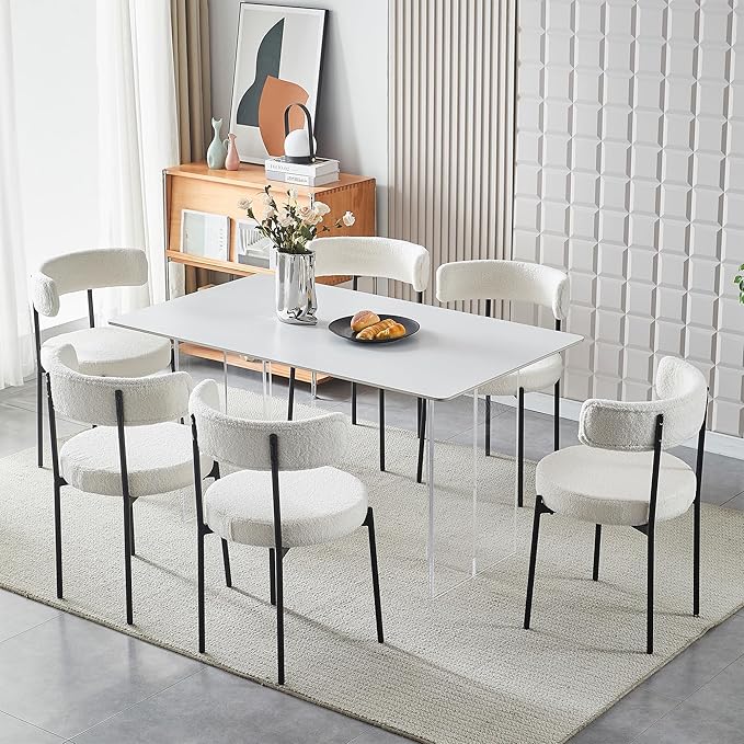 Honyee White Dining Chairs, Modern Dining Chairs Set of 2, Teddy Fleece Round Cushion Dining Room Chairs, Curved Backrest Dining Chairs with Black Metal Legs (White, 2Pcs)