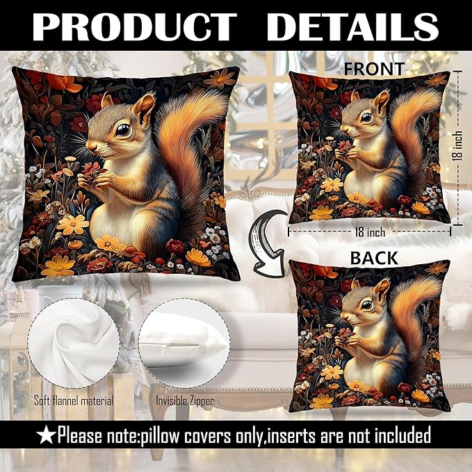 William Morris Inspired-Floral Squirrel Pillow Covers 18x18 Set of 2,Dark Cottagecore Decor, Moody Rustic Botanical Mysterious Squirrel Wildlife Decor Pillow Covers for Home Living Room Bedroom