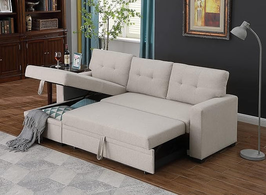 ACQCA 82" Convertible Sectional Sleeper Sofa with Storage Chaise, L Shaped Pull Out Couch Bed with 3 Tufted Back Cushion for Living Room, Apartment,Office,Light Gray