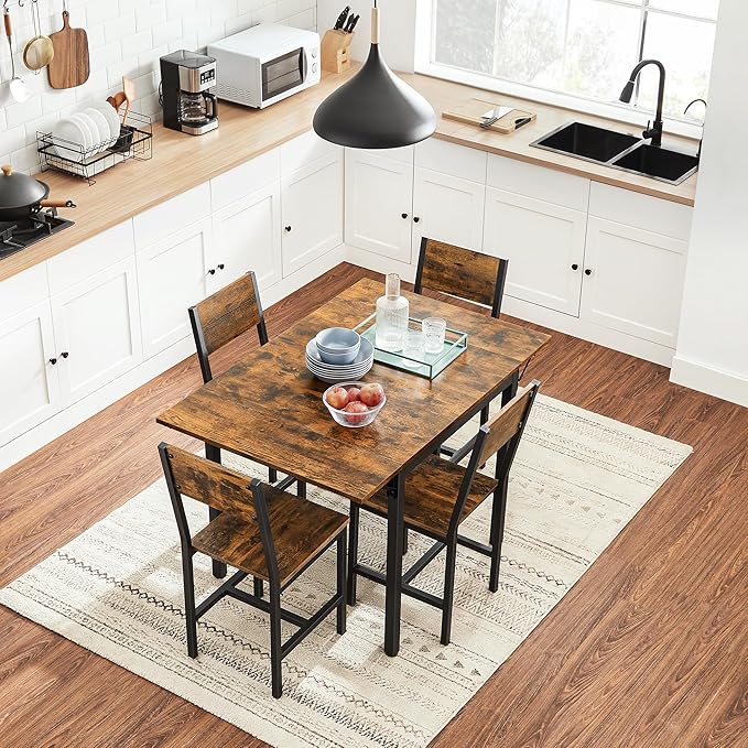 VASAGLE Extendable Dining Table Bundle with 2 Chairs and 2 Benches, Dining Set, for Living Room, Kitchen, Steel Frame, Easy Assembly, Rustic Brown and Ink Black UZH2504043
