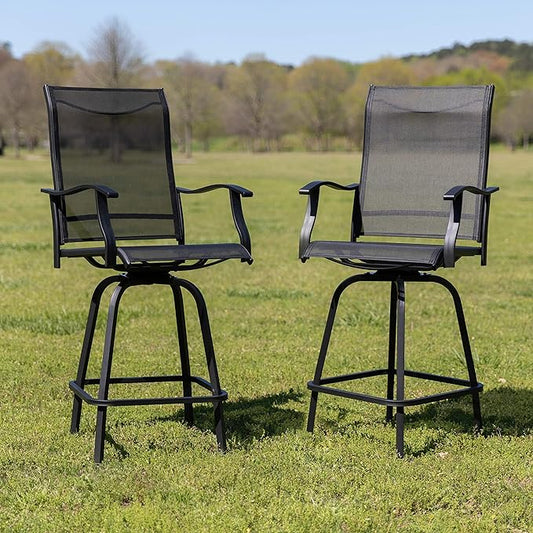 Flash Furniture Valerie All-Weather Swivel Patio Barstools with Footrest and Armrests, Modern Sling Outdoor Bar Height Stools, Set of 2, Black